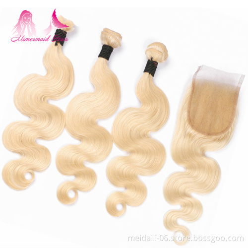 high quality virgin malaysian hair color 613 blonde body wave hair 3 bundles with 4*4 lace closure